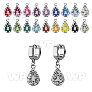 erh403 steel huggies earrings w dangling teardrop w crystals