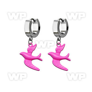 erh454 steel huggies earrings w dangling pink color bird
