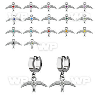 erh463 steel huggies earrings w dangling plain bird w crystal