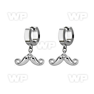 erh519 steel huggies earrings w dangling happy mustache 