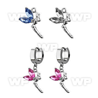 erh532 steel huggies earrings w dangling fairy w crystal wings