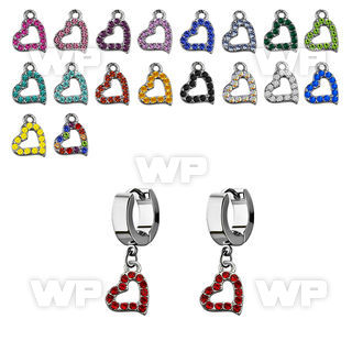 erh542 steel huggies earrings w a heart shaped crystal dangling