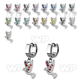 erh550 steel huggies earrings w dangling dove w tiny crystals