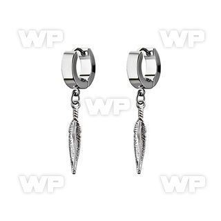 erh583 steel huggies earrings w dangling small feather