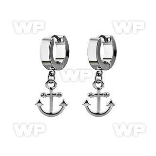 erh632 steel huggies earrings w dangling plain anchor design