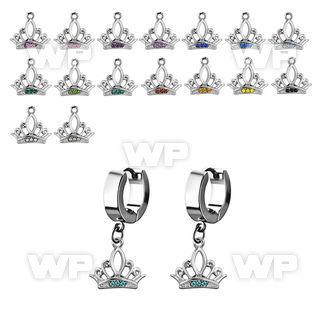 erh649 steel huggies earrings w dangling crystal studded crown