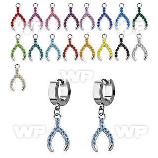 erh669 steel huggies earrings w dangling crystal wish bone