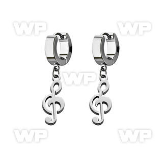 erh709 steel huggies earrings w dangling musical note