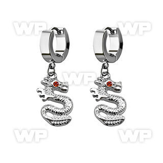 erh721 steel huggies earrings w dangling dragon w crystal eye