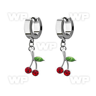 erhch10 steel huggies earrings w dangling crystal cherry design