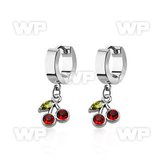 erhchz steel huggies earrings w dangling crystal cherry design