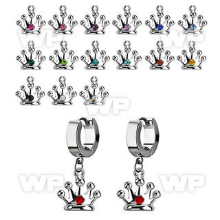 erhcr2 steel huggies earrings w dangling crown w single crystal