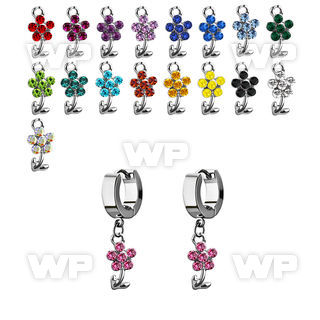 erhfl15 steel huggies earrings w dangling crystal flower