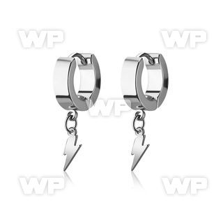 erhlit pair of steel huggies earrings w dangling lightning sign