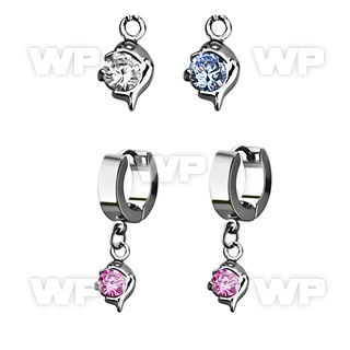 erhz10 steel huggies earrings w dangling small dolphin w cz