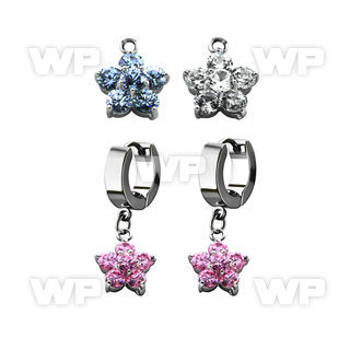 erhz293 steel huggies earrings w dangling cz flower design