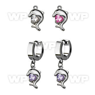 erhz300 steel huggies earrings w dangling dolphin design w cz
