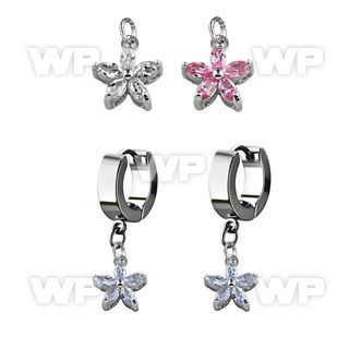 erhz319 steel huggies earrings w dangling flower w cz petals