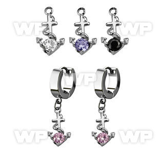 erhz371 steel huggies earrings w dangling anchor w round cz