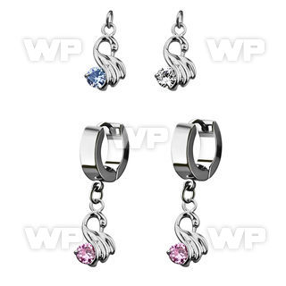 erhz375 steel huggies earrings w dangling little swan w round cz