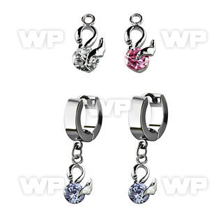 erhz376 steel huggies earrings w dangling swan design w round cz