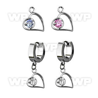 erhz66 steel huggies earrings w dangling lying heart w round cz
