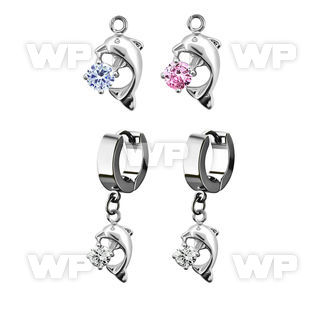 erhz7 steel huggies earrings w dangling dolphin w round cz