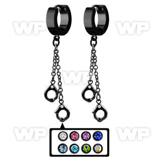 erk652 black steel huggies earrings w dangling handcuffs