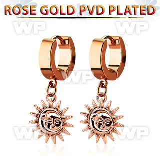 err726 rose gold stainless steel huggie earring w dangling sun 