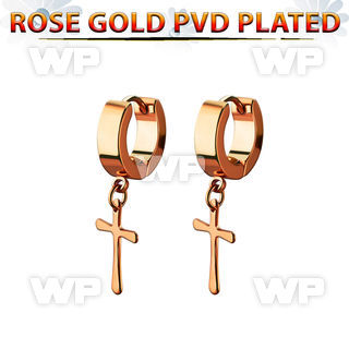 errcrs rose gold steel huggies earrings w dangling plain cross