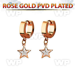 errz414 rose gold steel huggies earrings w dangling star w cz