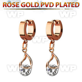 errz416 rose gold pvd plated steel huggie w dangling snap fit cz