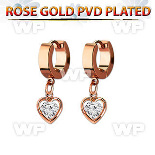 errz419 rose gold pvd plated steel huggie w dangling heart w cz