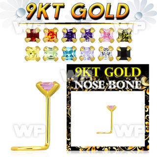 g9nbqm1 9kt gold nose bone, 22g  w 2mm square prong set cz stone