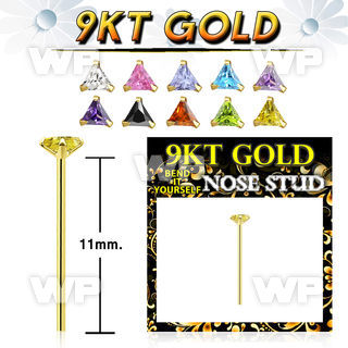 g9yztm1 9kt gold bend it nose stud 22g prong set 3mm triangle cz