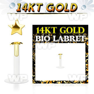 gbist clear bioflex labret with push in 14kt gold star top