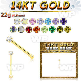 gbzm12 14kt gold nose bone w 1.25mm round color cz stone
