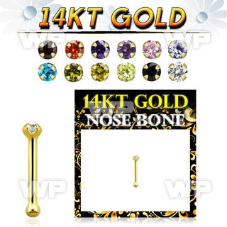 gbzsm1b 14kt gold nose bone, 20g w 1.5mm round prong set cz