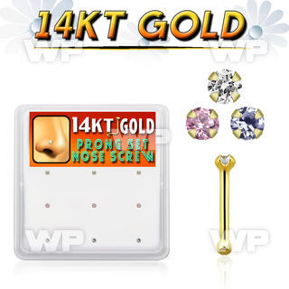 gnb1x box w 14kt gold nose bone 20g w 1.5mm round prong set cz