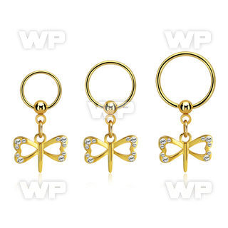 gold steel ball closure ring 16g w dangling dragonfly
