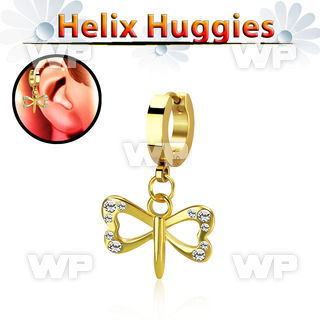 gold steel helix huggie w dangling crystal dragonfly