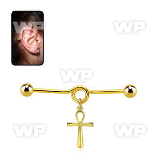 gold steel industrial loop barbell w dangling ankh cross 