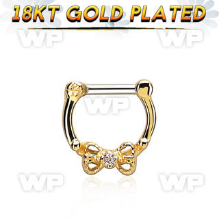 gsepk14 gold plated silver septum clicker 14g w bow cz