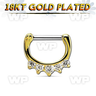 gsepq14 gold plated silver septum clicker, 14g w 5 czs stones