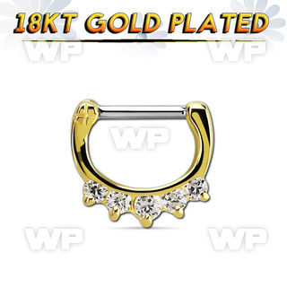 gsepq16 gold plated silver septum clicker, 16g w 5 czs stones