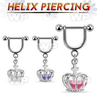 heuz12 316l steel helix stirrup w dangling crown w cz inside