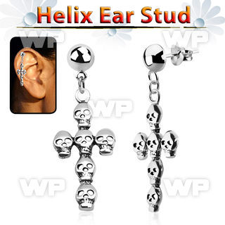 hexvd11 silver helix ear stud w dangling cross formed by skulls