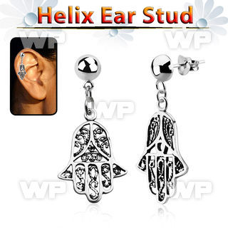 hexvd14 925 silver helix ear stud w dangling 925 silver hamsa