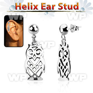 hexvd15 925 silver helix ear stud w dangling 925 silver owl
