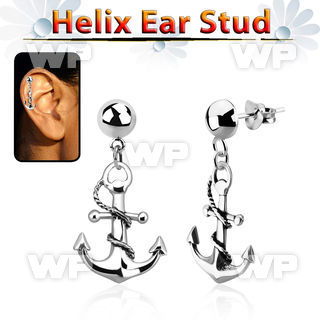 hexvd18 925 silver helix earstud w dangling anchor with rope